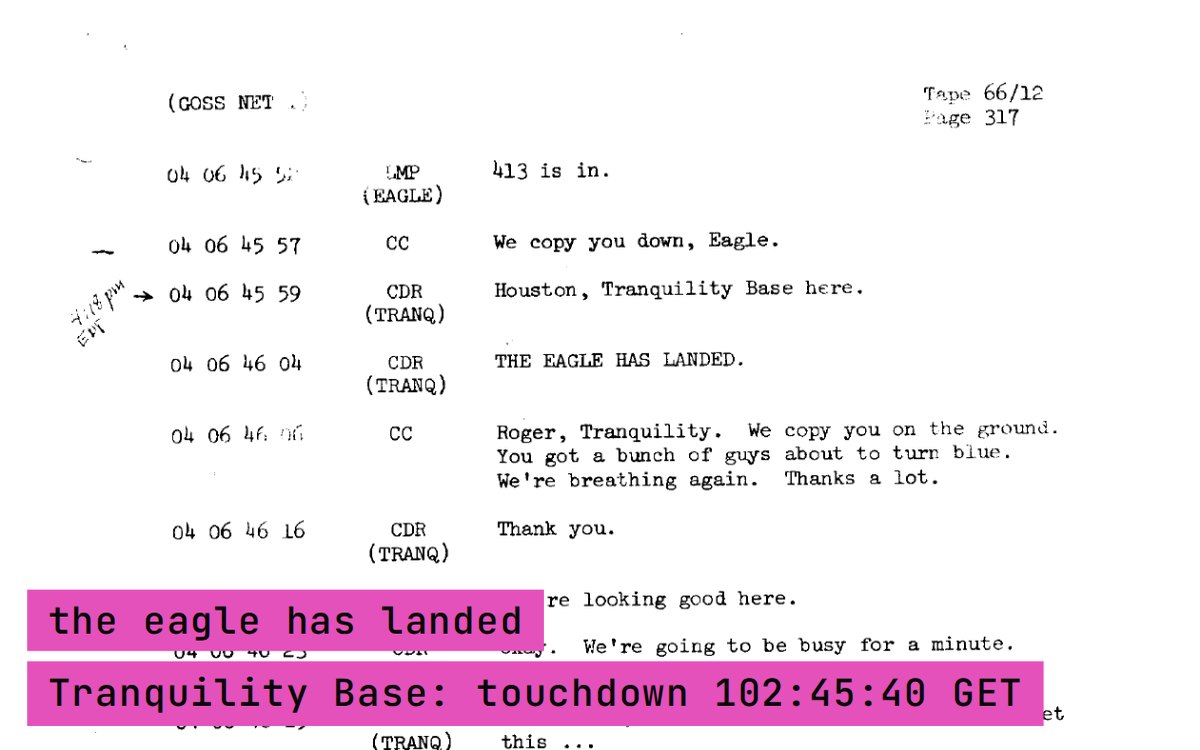 Page 317 of NASA's Apollo 11 transcript, where the commander says the Eagle has landed, captioned with the run's answer: touchdown at 102:45:40 GET.