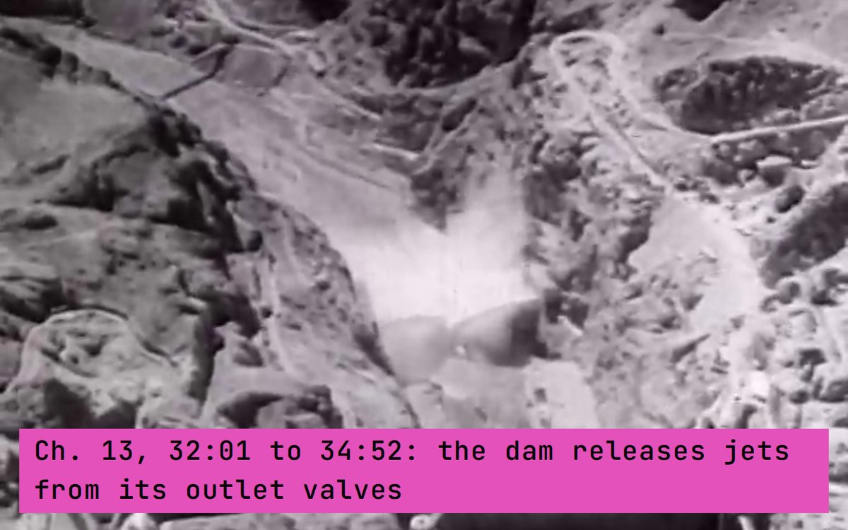 Boulder Dam releasing jets from its outlet valves, inside the run's chapter 13, 32:01 to 34:52.