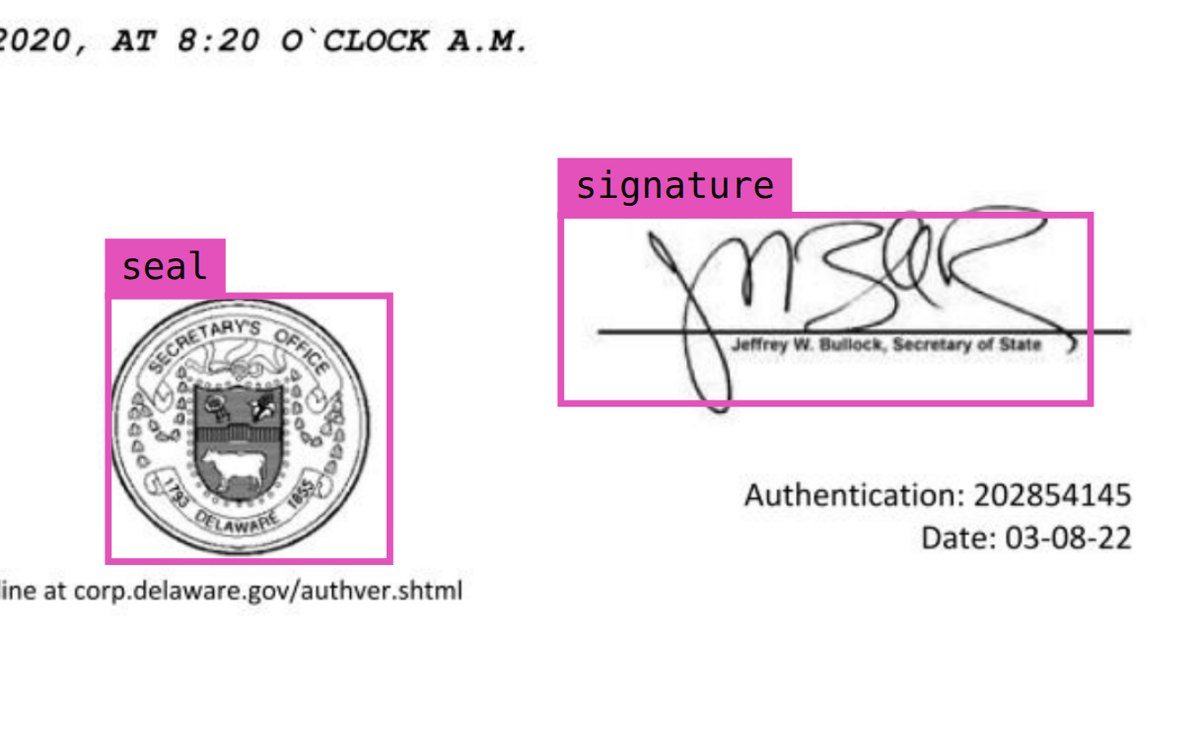 The foot of a Delaware certificate with Jev's boxes from the run on the seal and the signature.