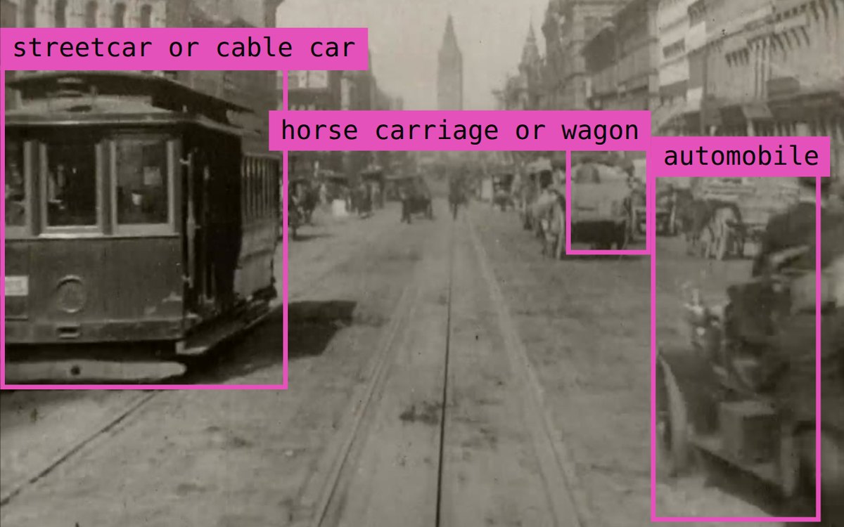 A 1906 frame of Market Street with Jev's boxes from the run: a streetcar or cable car, a horse carriage or wagon and an automobile.